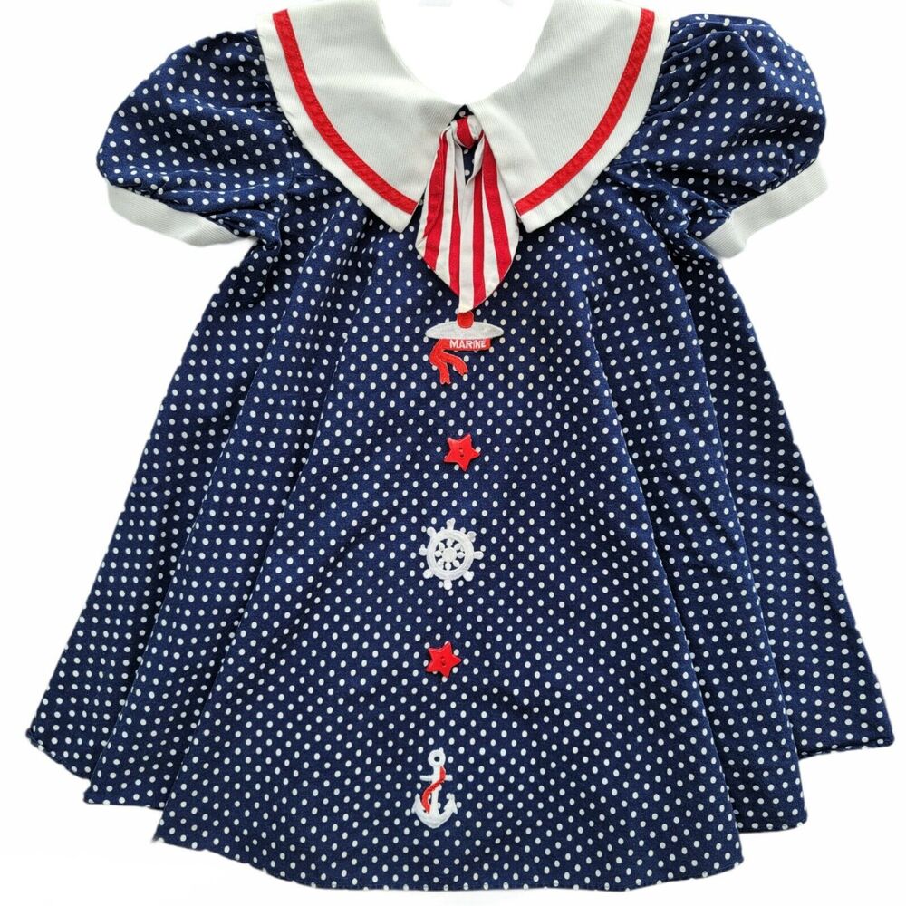Vintage Girls Dress Size 6 Peaches & Cream Sailor Polka Dot Nautical Appliques